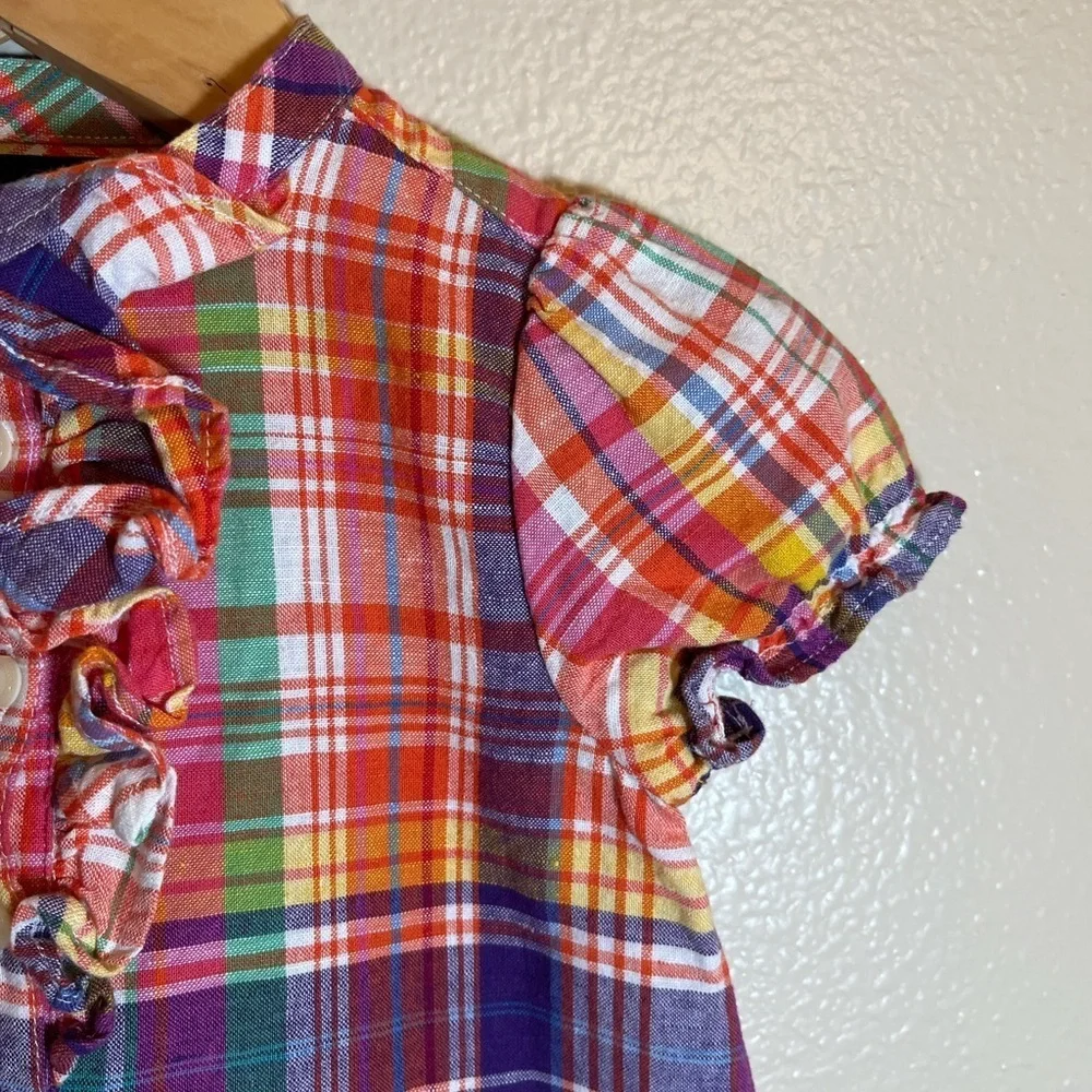 Ralph Lauren Ruffle Plaid Short Sleeve Linen Cotton Blend Dress